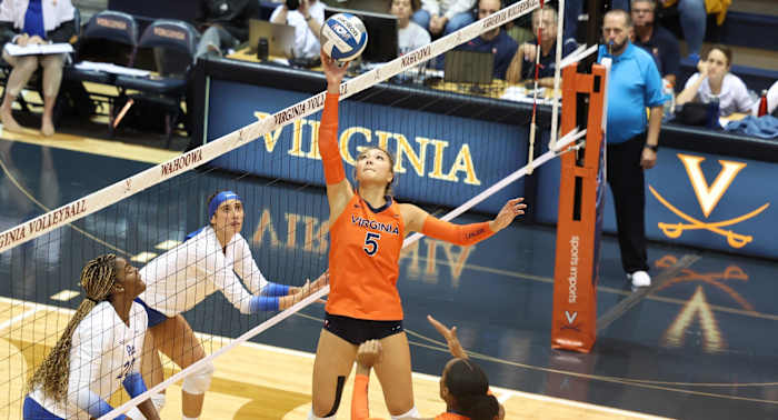 Virginia Cavaliers setter Ashley Le sets the ball during UVA's loss to the Pittsburgh Panthers.